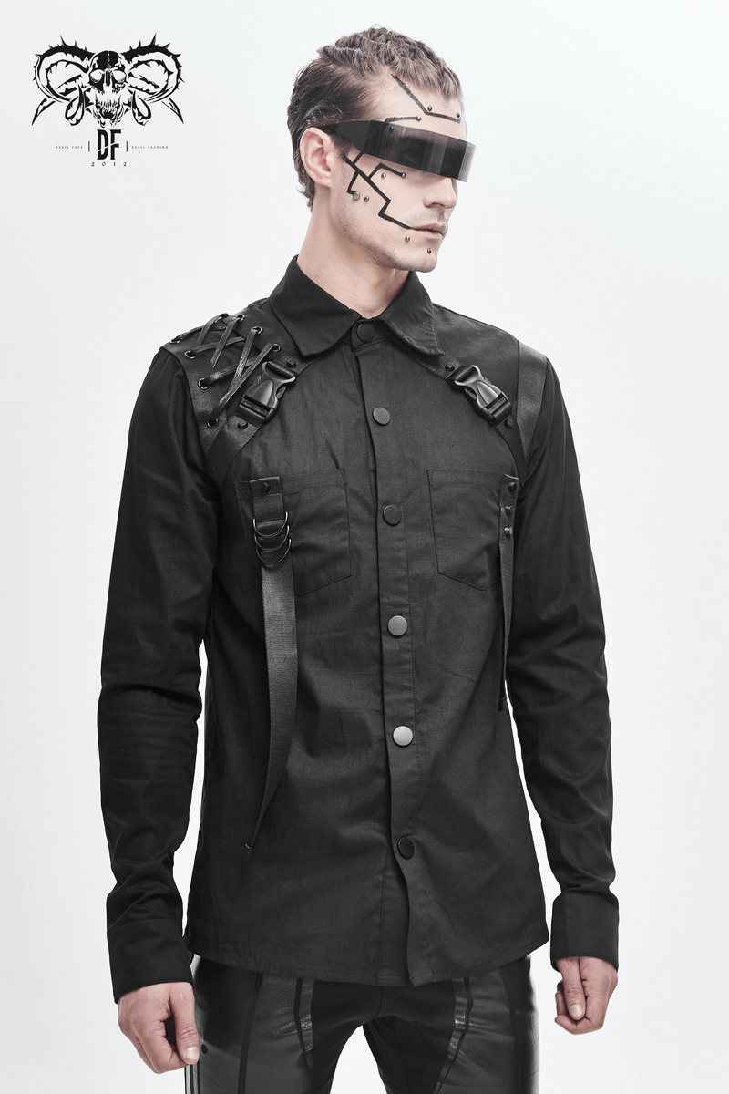 Men's cyberpunk black long sleeve shirt with straps, stylish and edgy design for gothic fashion lovers.
