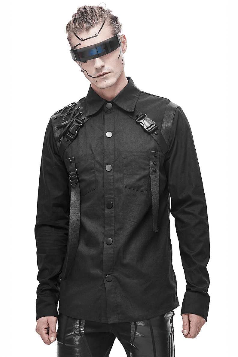 Cyberpunk Style Mens Long Sleeve Shirt / Comfortable Black Shirt with Straps - HARD'N'HEAVY