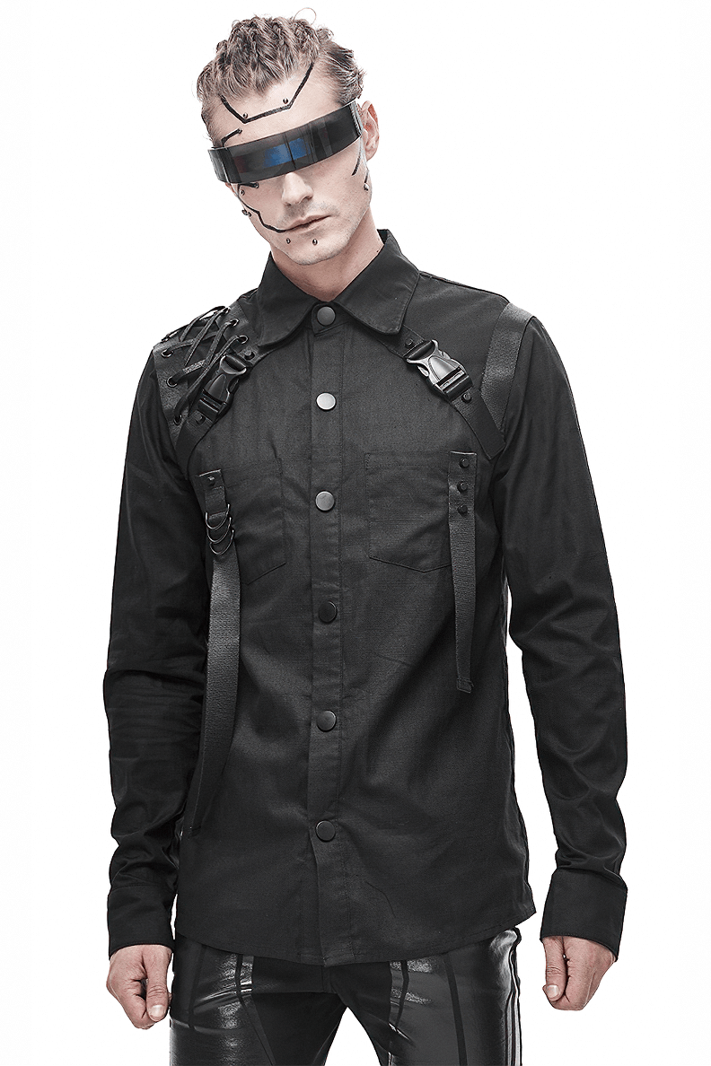 Cyberpunk style black shirt for men with straps, perfect for a gothic wardrobe and unique fashion statement.