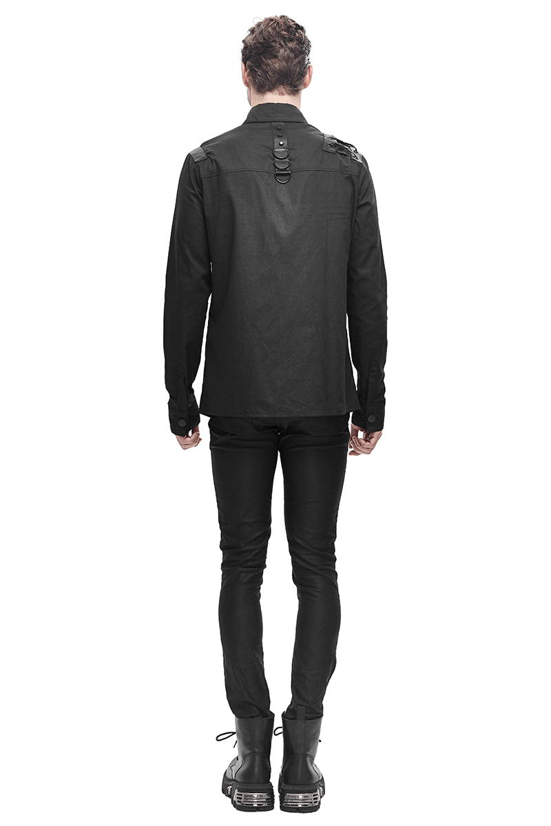 Back view of men's black cyberpunk style long sleeve shirt with straps, perfect for a gothic wardrobe.