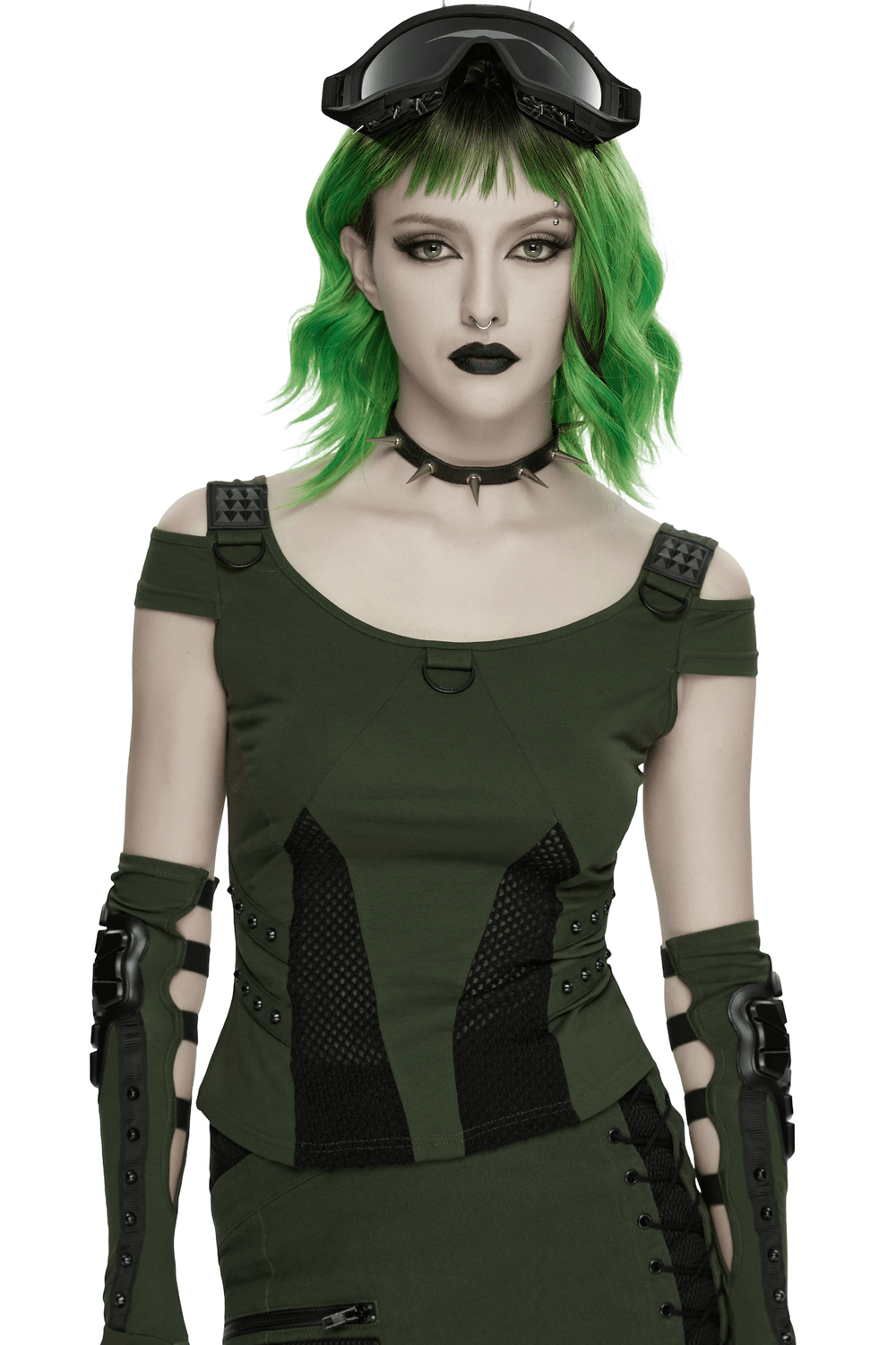 Cyberpunk T-shirt with Mesh Detailing and Rivets Loops worn by a model with green hair and stylish accessories.