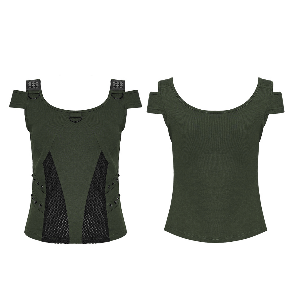 Cyberpunk T-shirt with Mesh Detailing and Rivets Loops showcasing stylish design and edgy details.