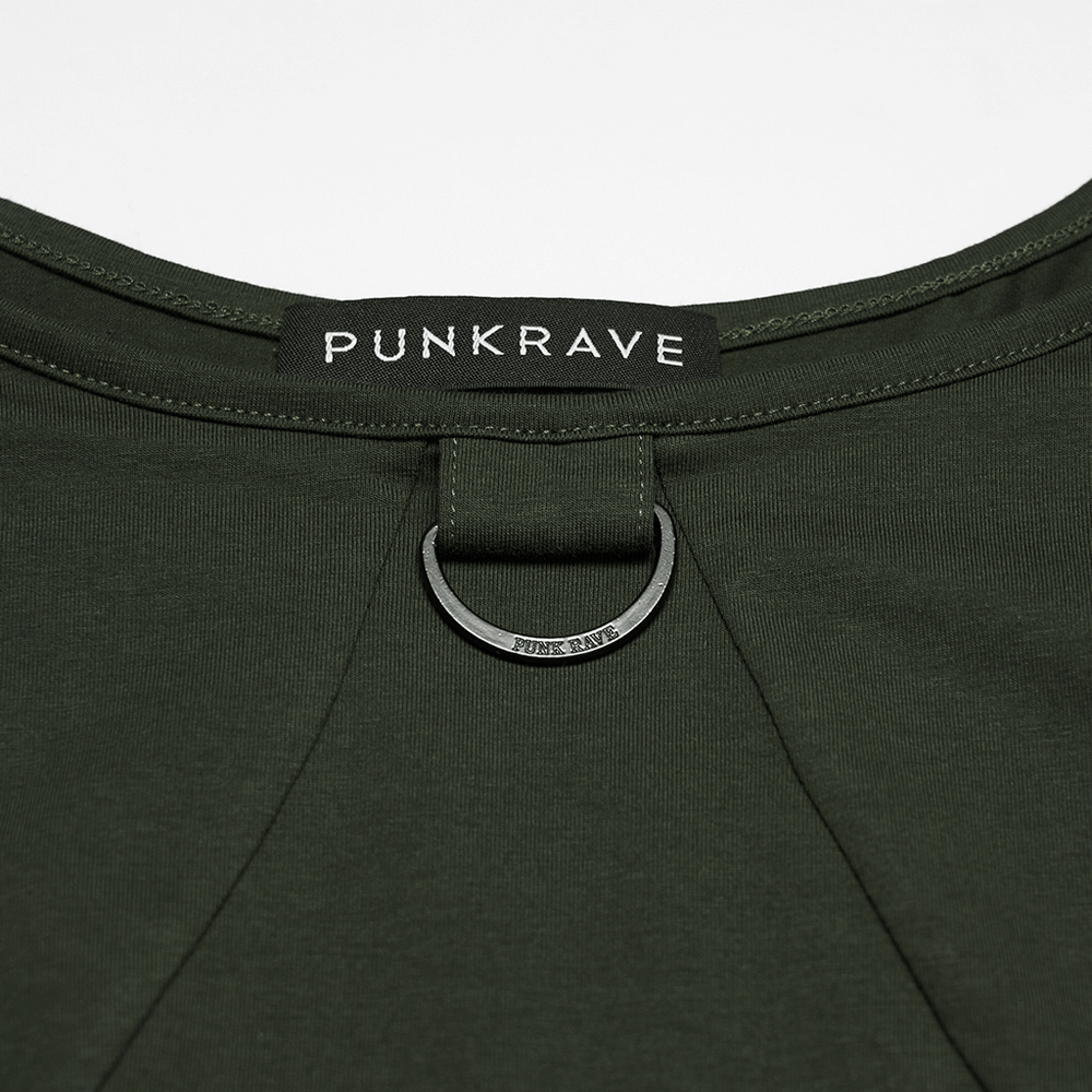 Cyberpunk T-shirt with Mesh Detailing and Rivets Loops neckline close-up with Punkrave tag and loop detail.