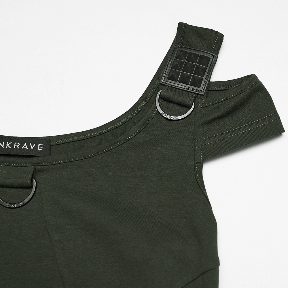 Cyberpunk T-shirt with Mesh Detailing and Rivets Loops showcasing shoulder design and rivet loops.