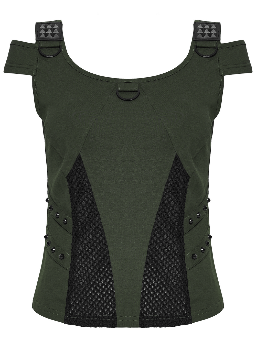 Cyberpunk T-shirt with Mesh Detailing and Rivets Loops showcasing edgy design and breathable fabric.