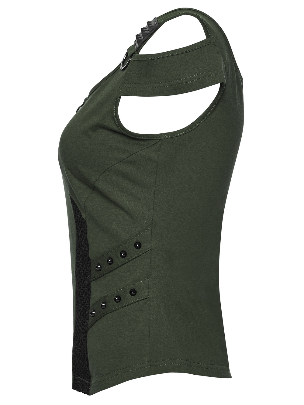 Cyberpunk T-shirt with Mesh Detailing and Rivets Loops showcasing its edgy side view and punk-inspired design.