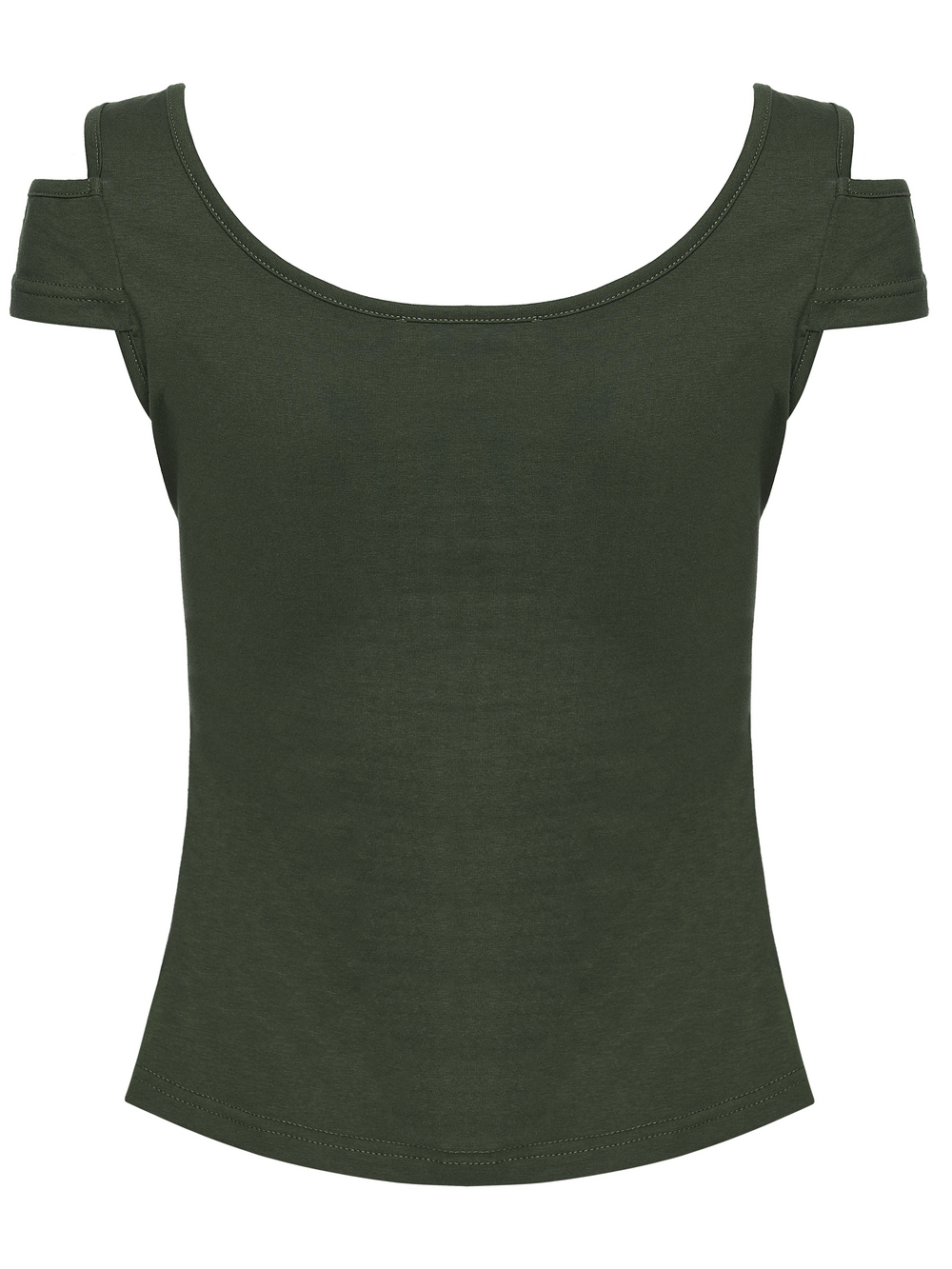 Cyberpunk T-shirt with Mesh Detailing and Rivets Loops in olive green color, showcasing unique cut-out shoulders.