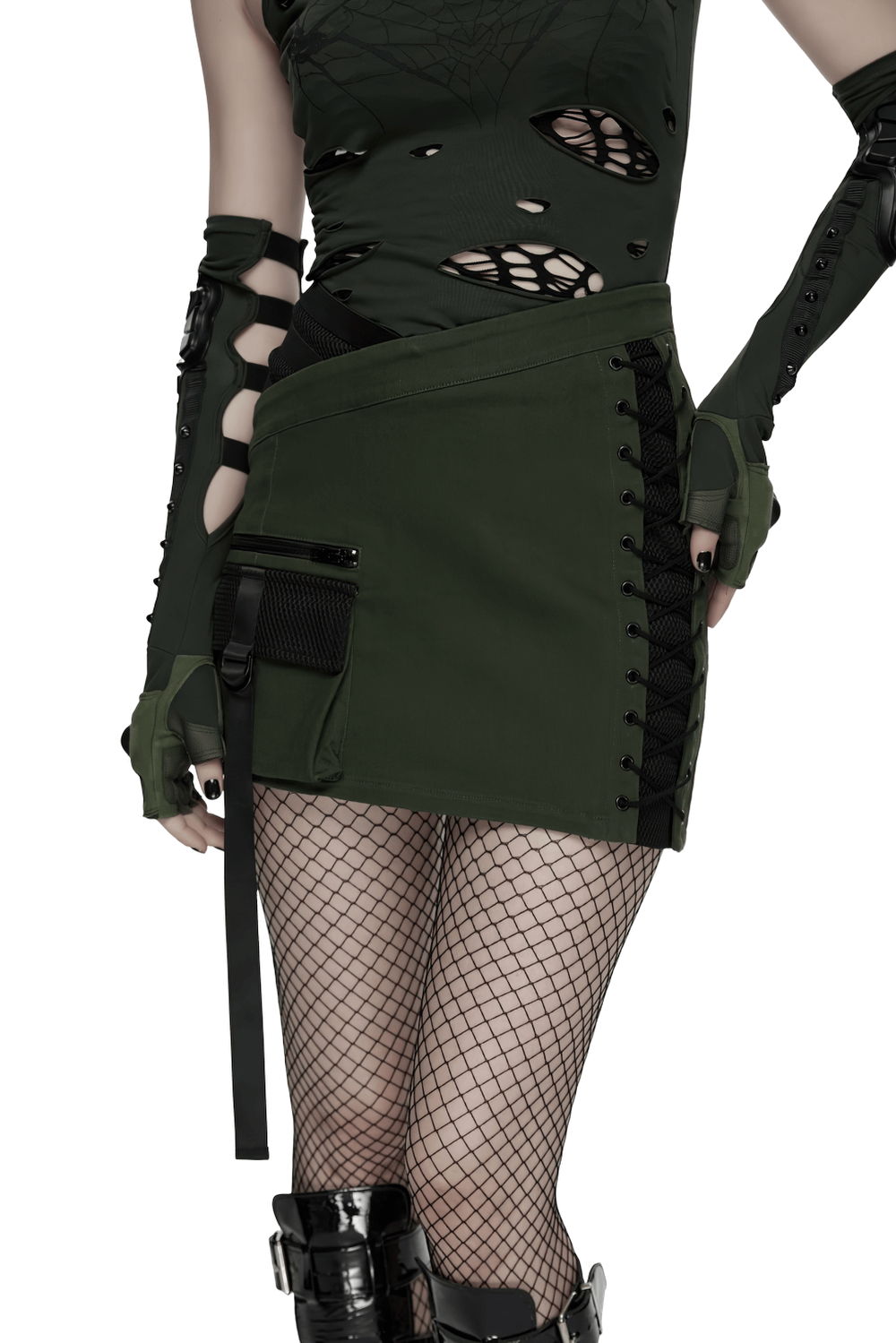 Cyberpunk Tactical Mini Skirt With Lace Up and Pockets features stylish pockets and a unique lace-up design.