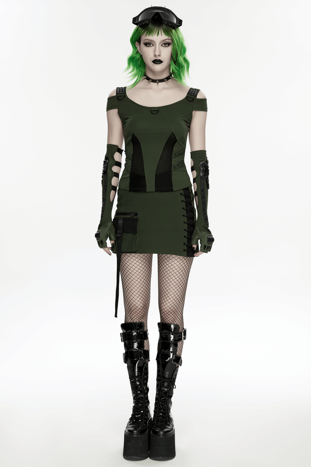 Cyberpunk Tactical Mini Skirt With Lace Up and Pockets worn by model with green hair and stylish accessories.