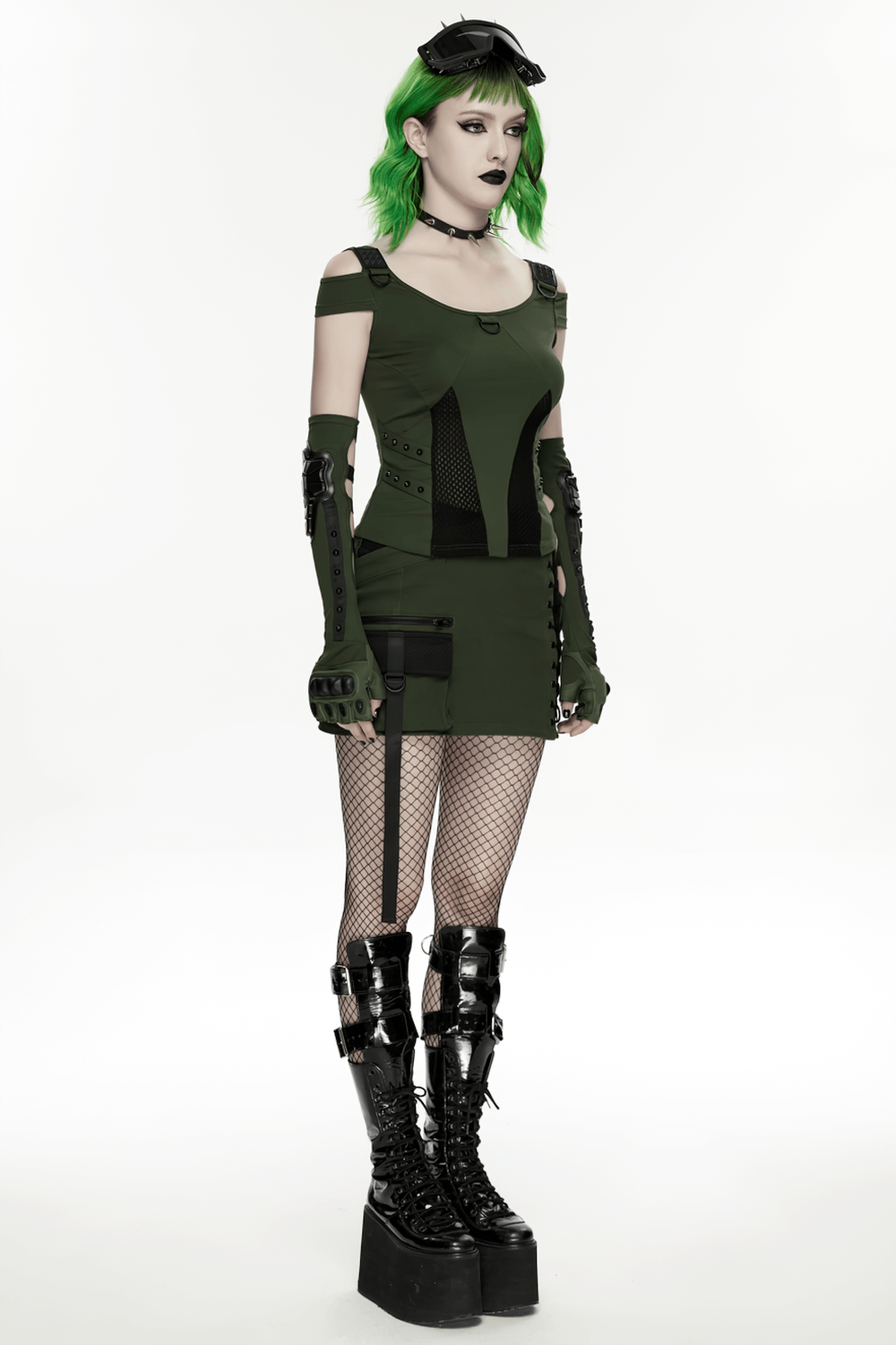 Cyberpunk Tactical Mini Skirt With Lace Up and Pockets showcased on model with green hair and edgy accessories.