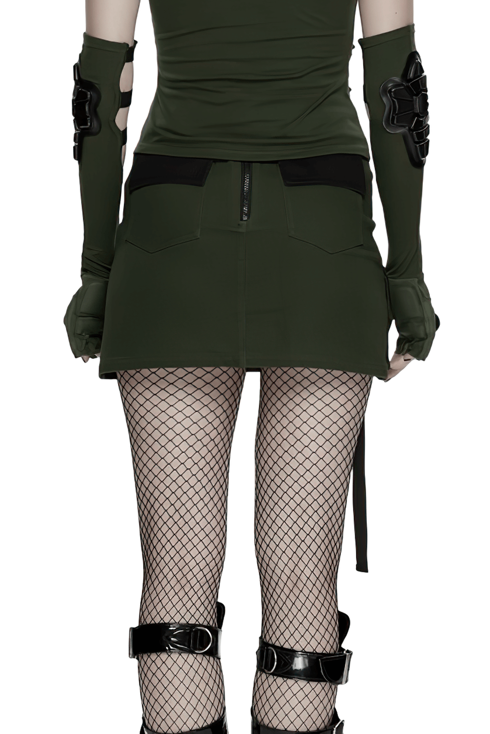Cyberpunk Tactical Mini Skirt With Lace Up and Pockets showcasing back view with mesh stockings.