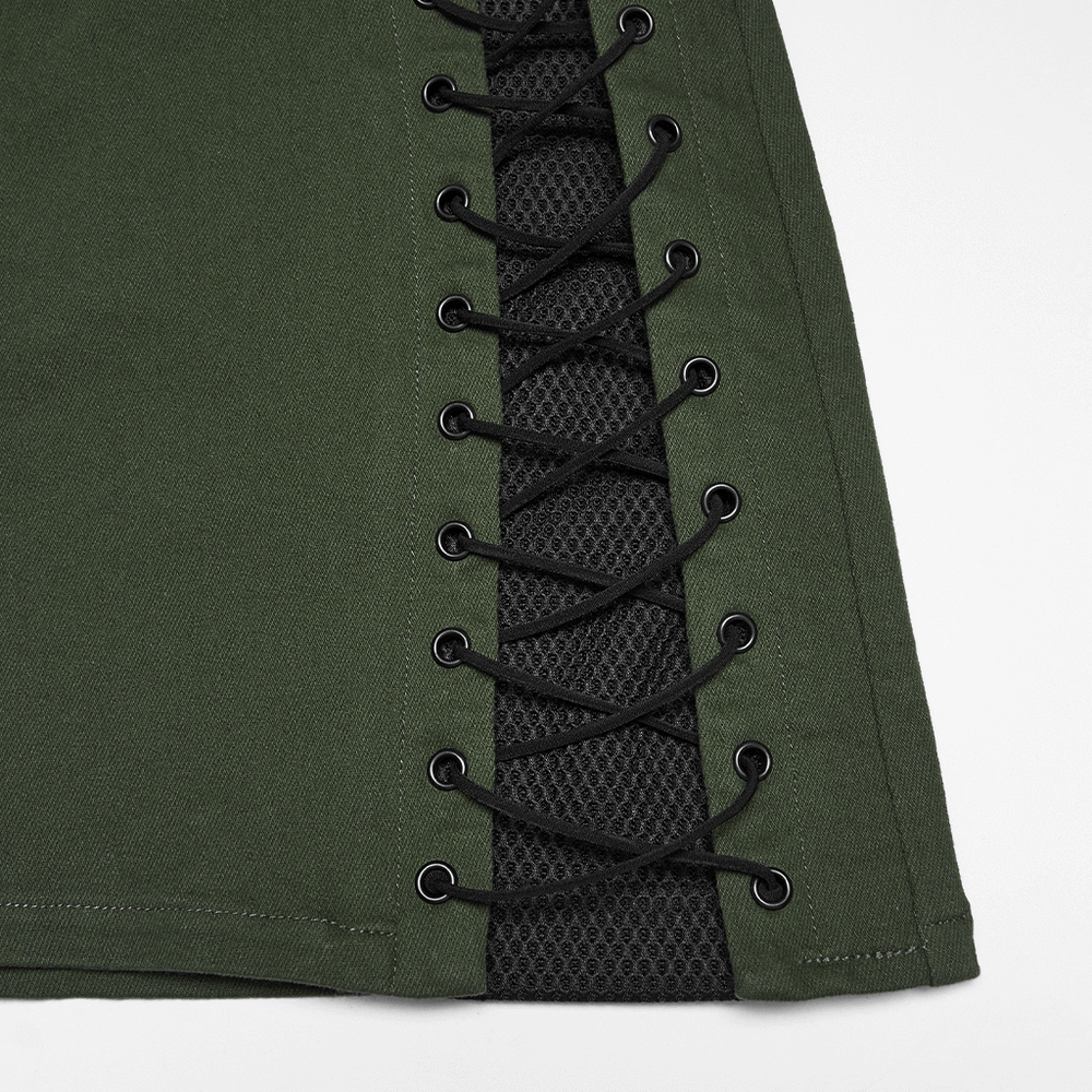 Cyberpunk Tactical Mini Skirt With Lace Up and Pockets detail, featuring lace-up design and stylish mesh accents.