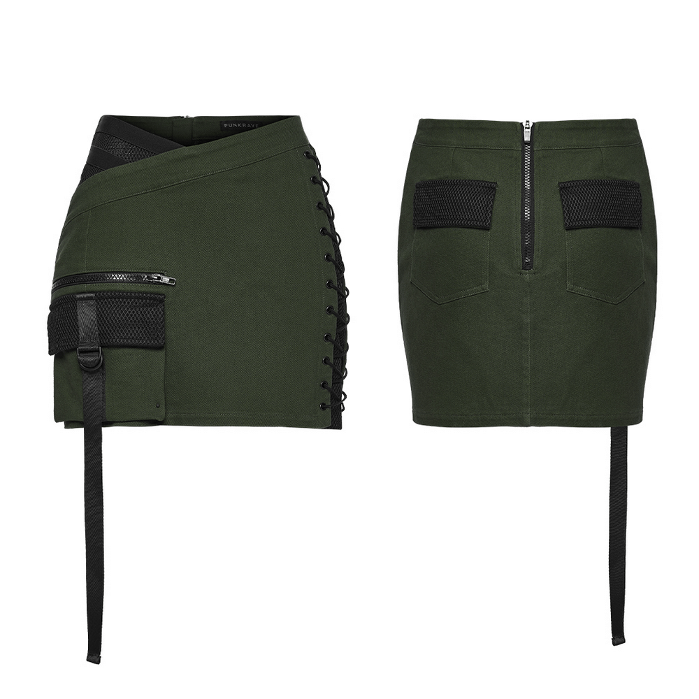 Cyberpunk Tactical Mini Skirt With Lace Up and Pockets featuring unique design and functional pockets.