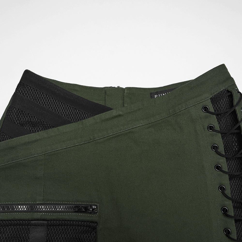 Cyberpunk Tactical Mini Skirt With Lace Up and Pockets in green with detailed pockets and lacing.