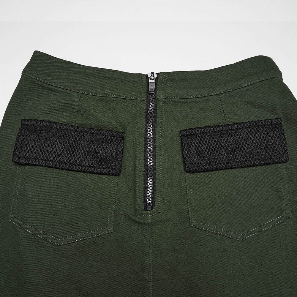 Cyberpunk Tactical Mini Skirt With Lace Up and Pockets showing the back zip and mesh pockets.