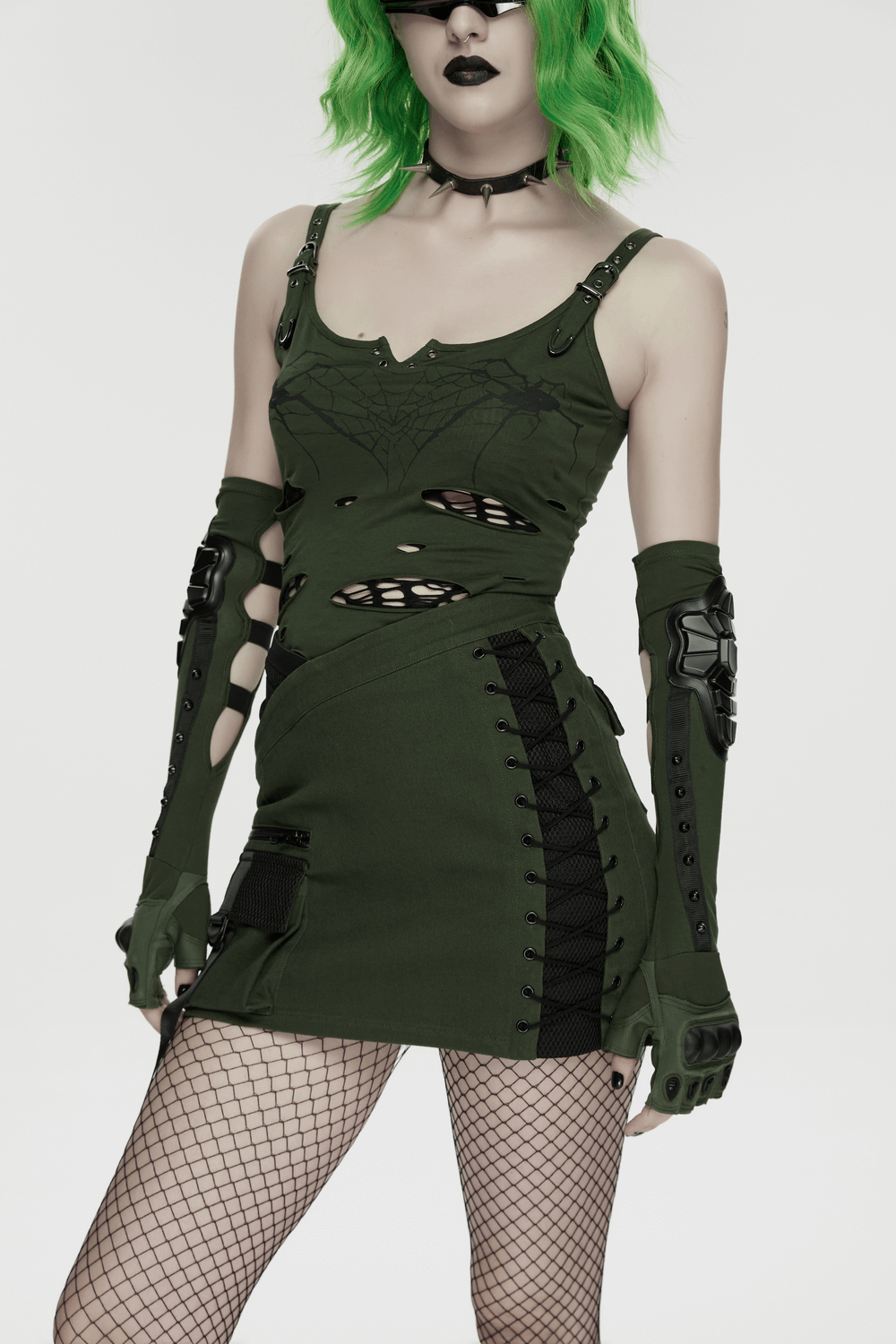 Cyberpunk Tactical Mini Skirt With Lace Up and Pockets featuring edgy design and pockets for a stylish look.