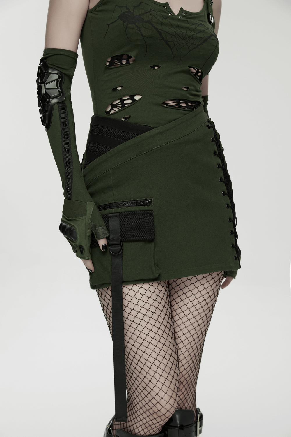 Cyberpunk Tactical Mini Skirt With Lace Up and Pockets, featuring unique design and functional pockets.