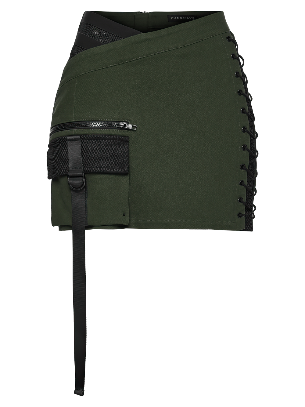 Cyberpunk Tactical Mini Skirt With Lace Up and Pockets featuring pockets and lace details in dark green.