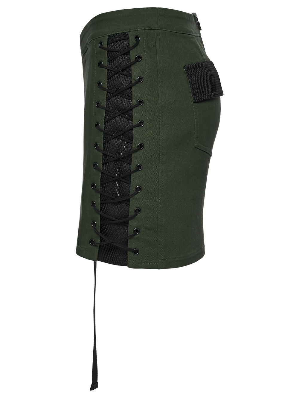 Cyberpunk Tactical Mini Skirt With Lace Up and Pockets side view showcasing lace details and pockets