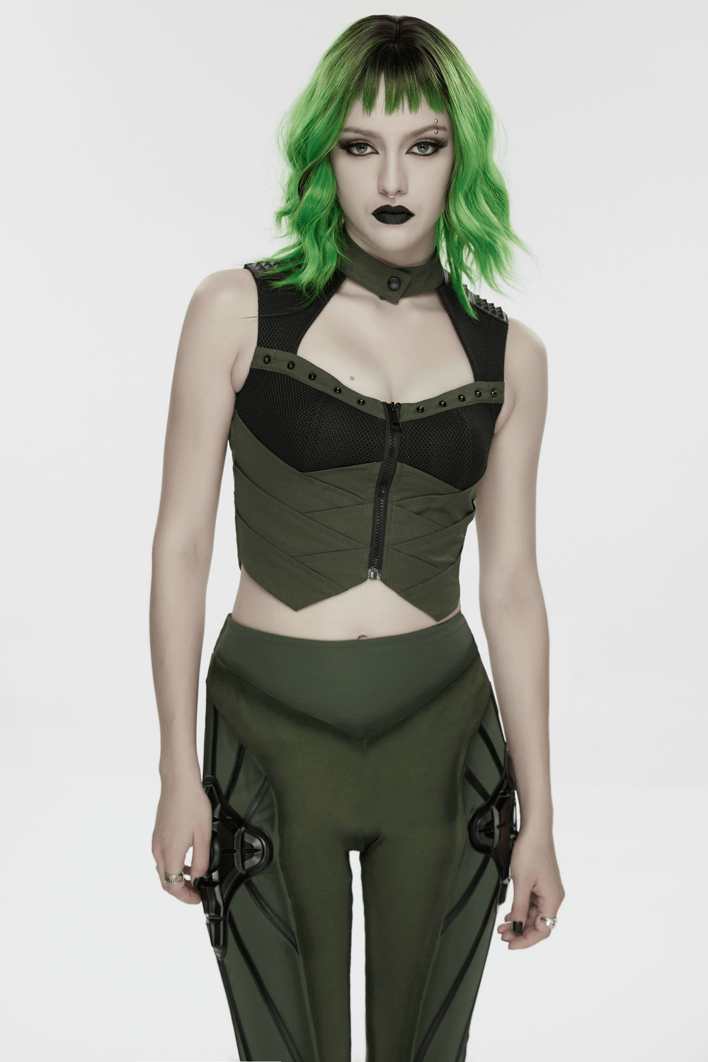 Cyberpunk Tactical Top with Mechanical Back Plate, featuring a bold industrial design and edgy fashion statement.