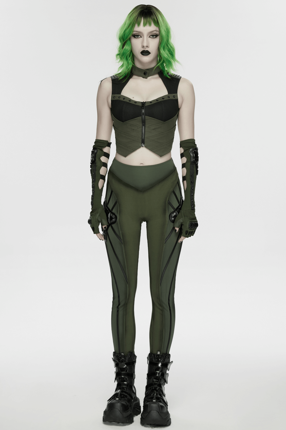 Cyberpunk Tactical Top with Mechanical Back Plate in a striking outfit featuring edgy designs and green accents.