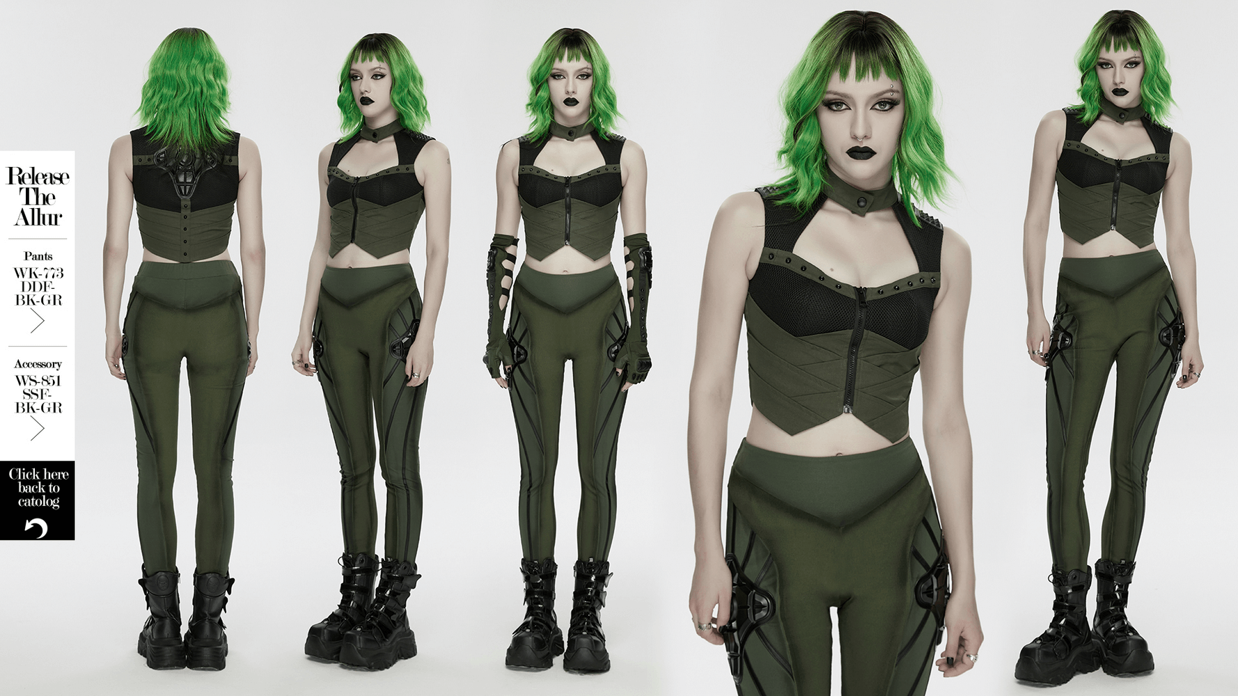 Cyberpunk Tactical Top with Mechanical Back Plate showcased by model with green hair in edgy outfit.