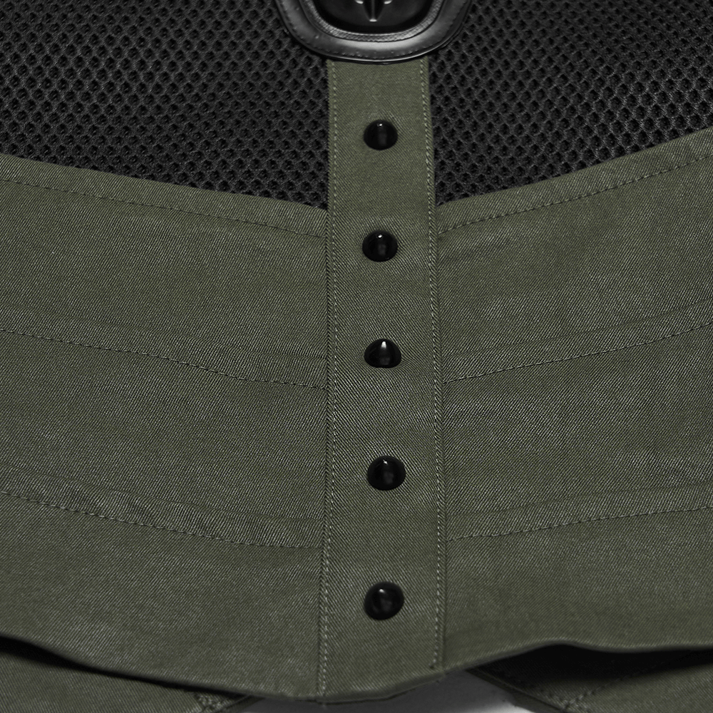 Cyberpunk Tactical Top with Mechanical Back Plate featuring a close-up of the button and mesh detailing.