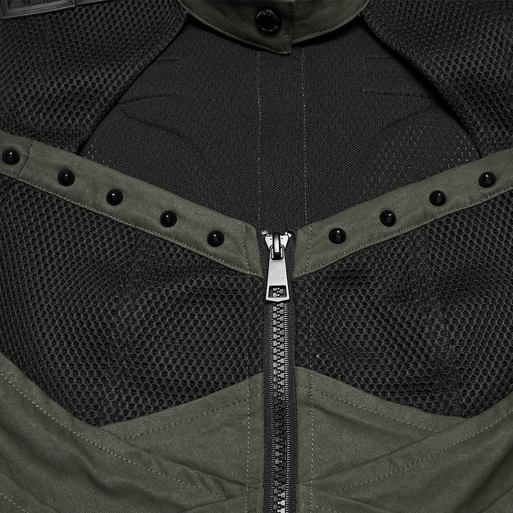 Cyberpunk Tactical Top with Mechanical Back Plate showcasing detailed zipper and studded mesh design.