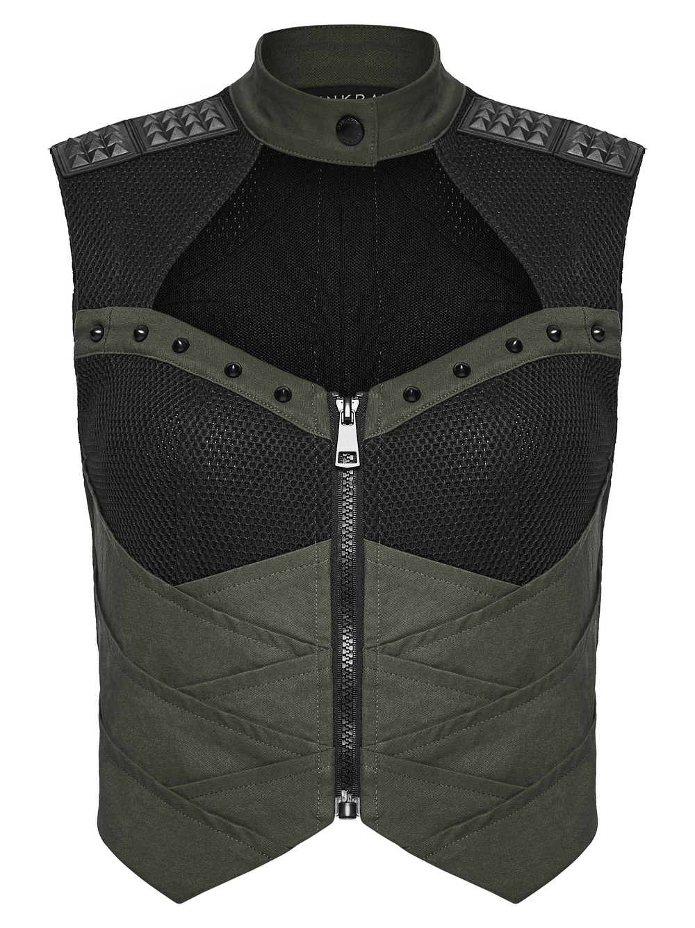 Cyberpunk Tactical Top with Mechanical Back Plate featuring a bold design, mesh, and stud details.
