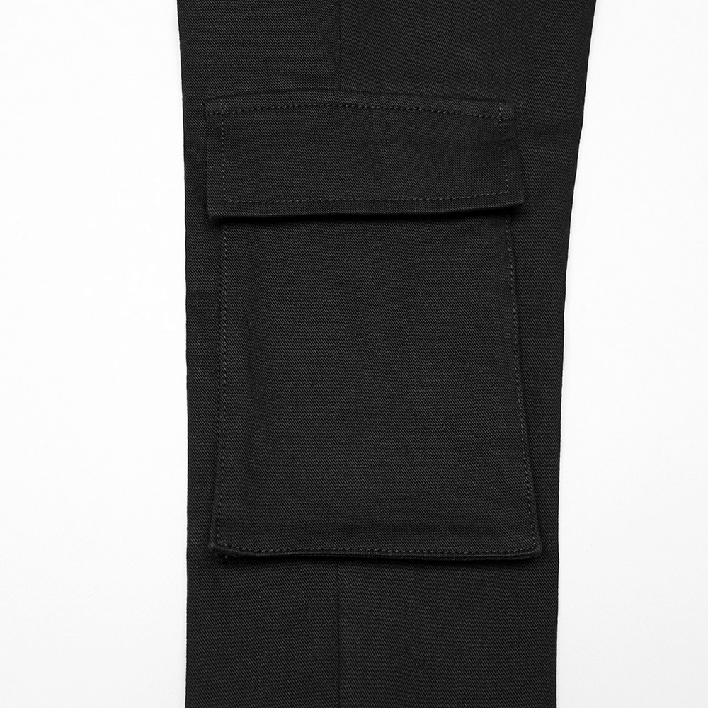 Close-up of black Cyberpunk trousers calf pocket showcasing sleek design and practicality.