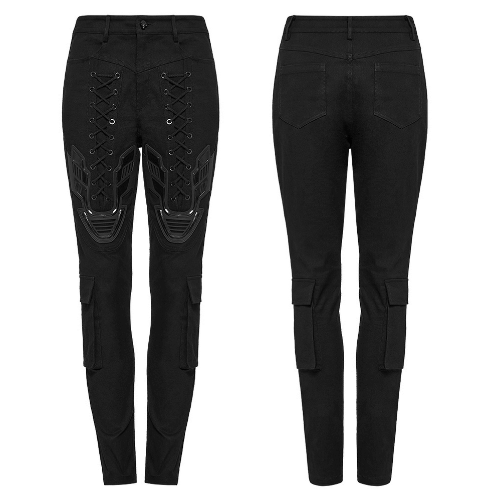 Cyberpunk tight trousers with 3D armor patch and calf pockets in black, showcasing a stylish design.
