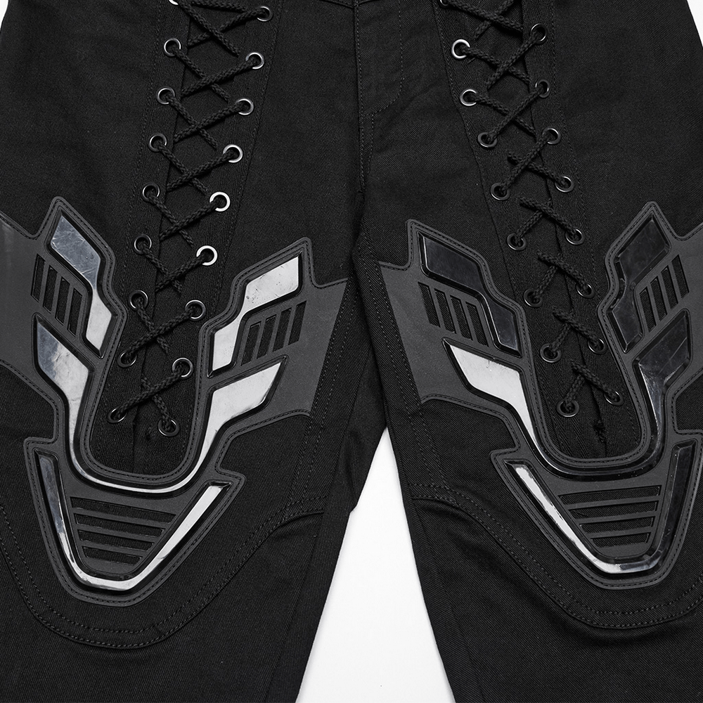 Close-up of Cyberpunk tight trousers featuring intricate 3D armor patches and eyelet drawstrings for a futuristic look.