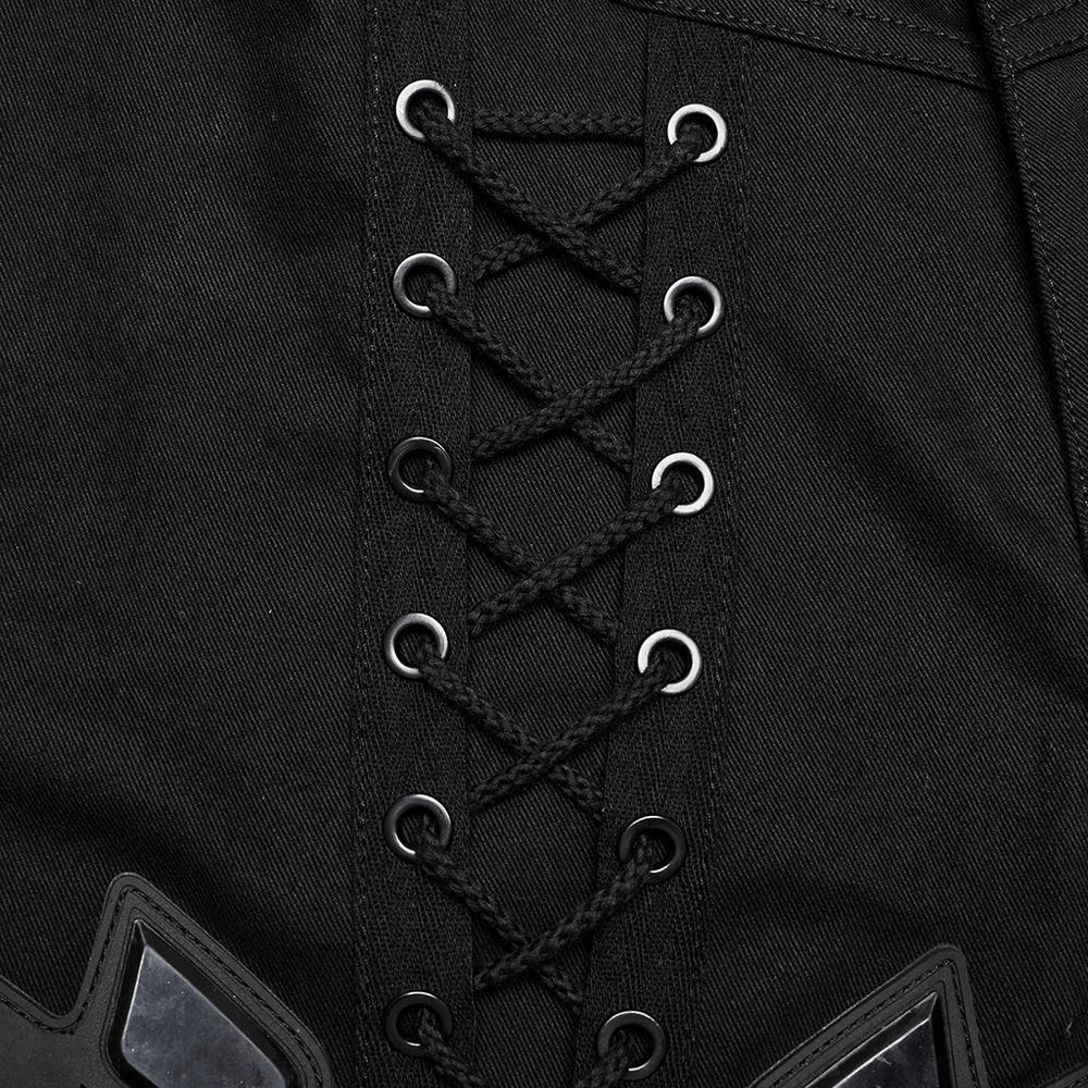 Close-up of Cyberpunk tight trousers with eyelet drawstrings and 3D armor patch detail.