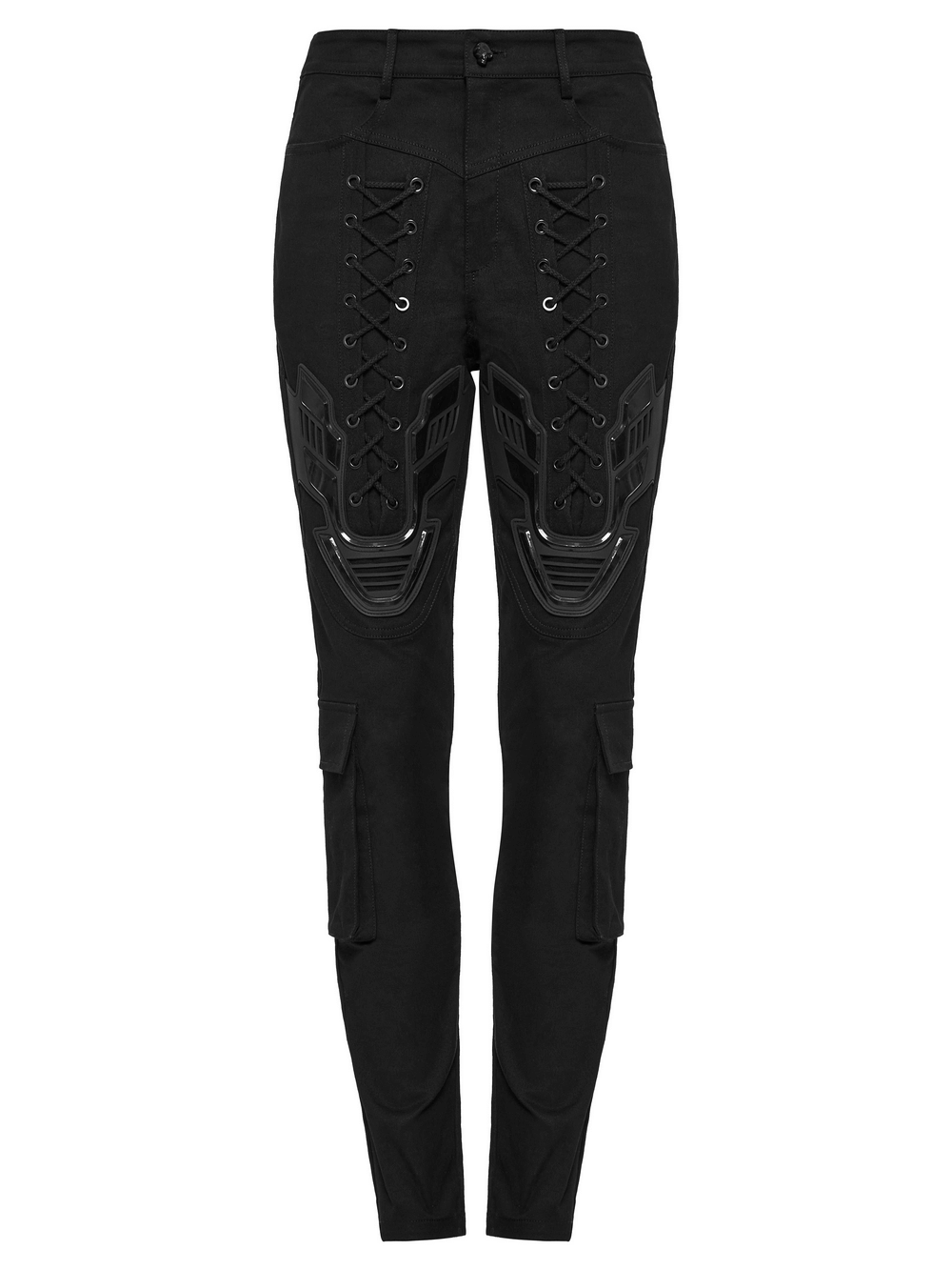 Cyberpunk tight trousers with 3D armor patch, eyelet drawstrings, and calf pockets for a bold futuristic style.