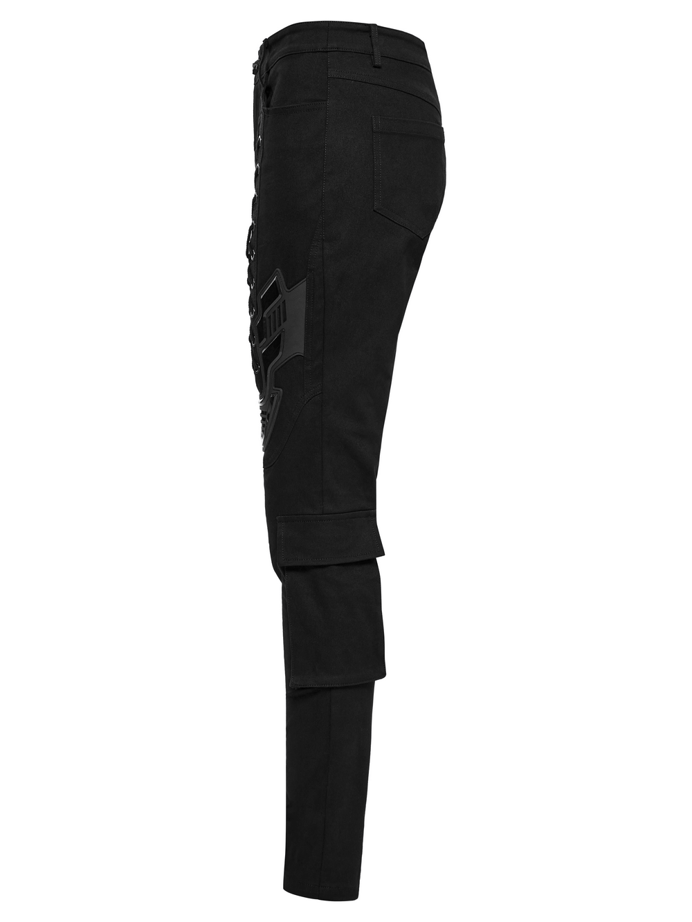 Side view of Cyberpunk tight trousers with armor patch and drawstrings, showcasing the sleek design and calf pockets.
