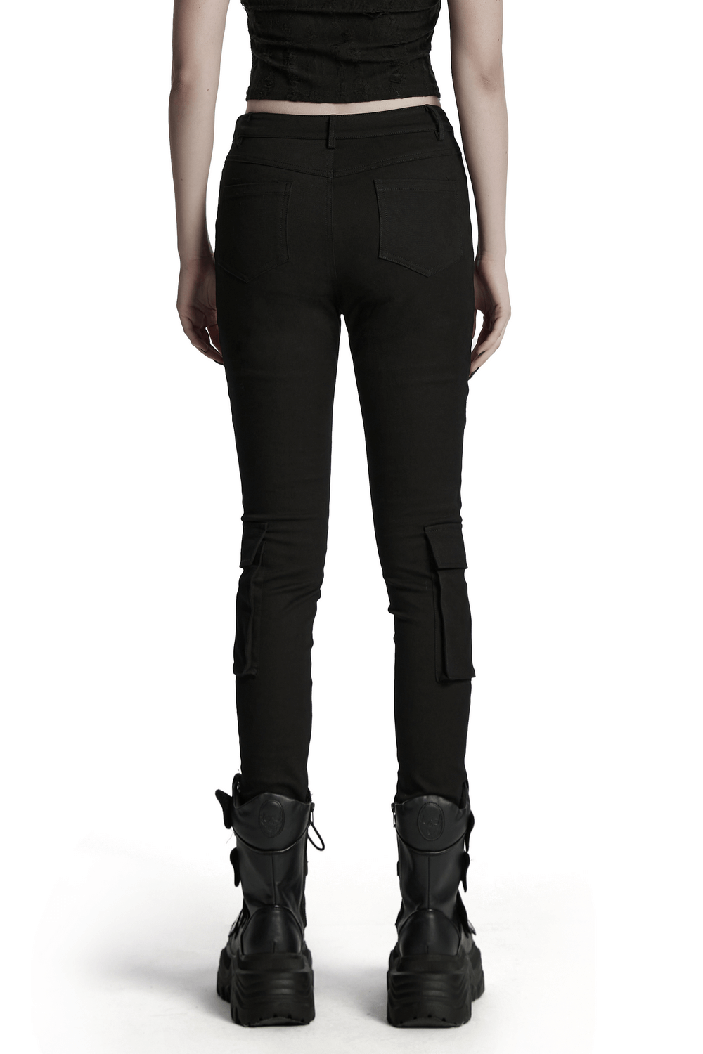 Rear view of cyberpunk tight trousers with calf pockets and eyelet drawstrings, showcasing a sleek, futuristic design.