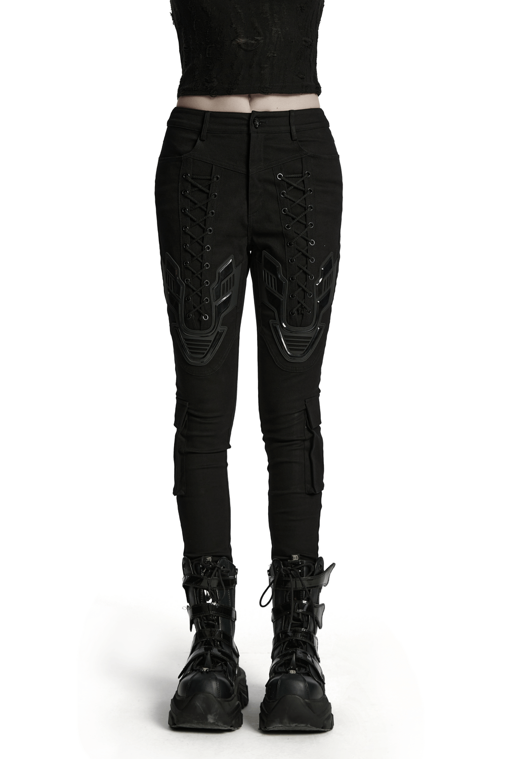 Cyberpunk tight trousers with 3D armor patch, calf pockets, and eyelet drawstrings for a stylish future look.