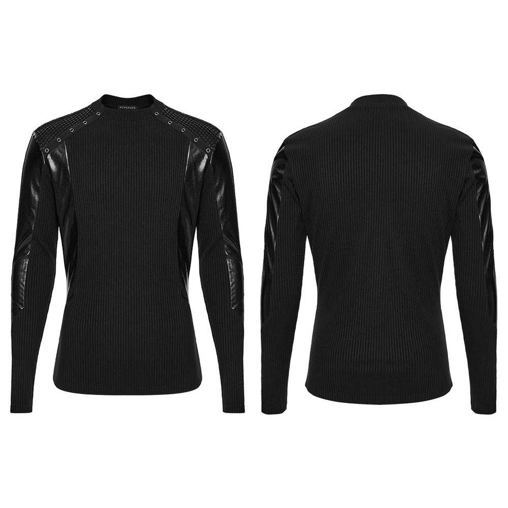 Cyberpunk Top with Metal Studs and Mesh Accents in black ribbed fabric with leather look panels.