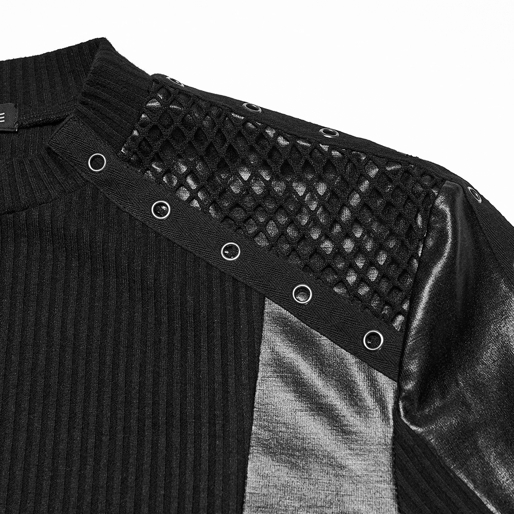 Cyberpunk Top with Metal Studs and Mesh Accents featuring ribbed fabric and leather look panels.