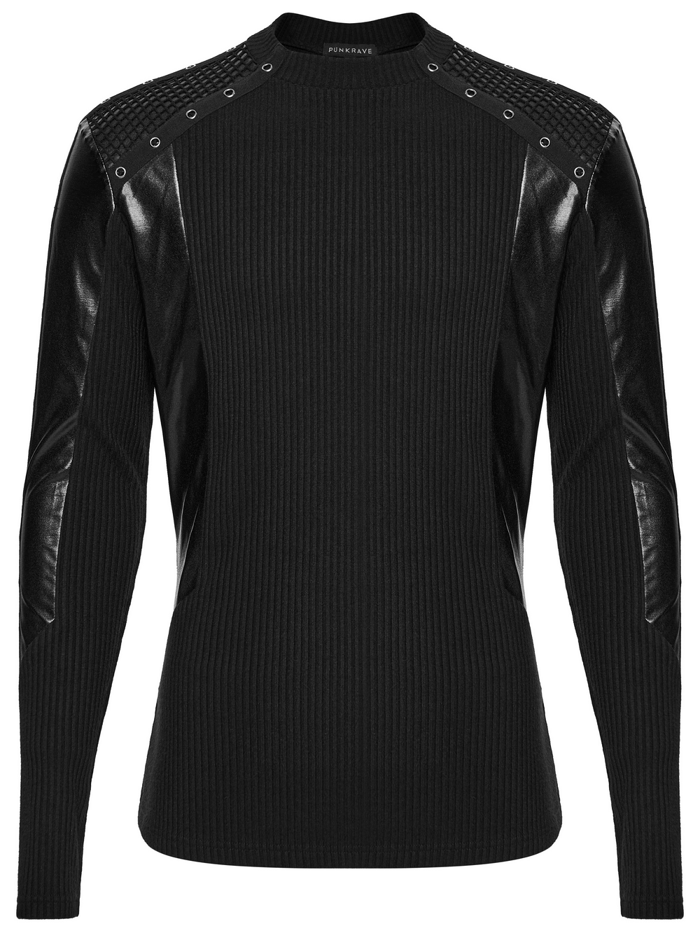 Cyberpunk Top with Metal Studs and Mesh Accents featuring a black ribbed design and leather-look panels.