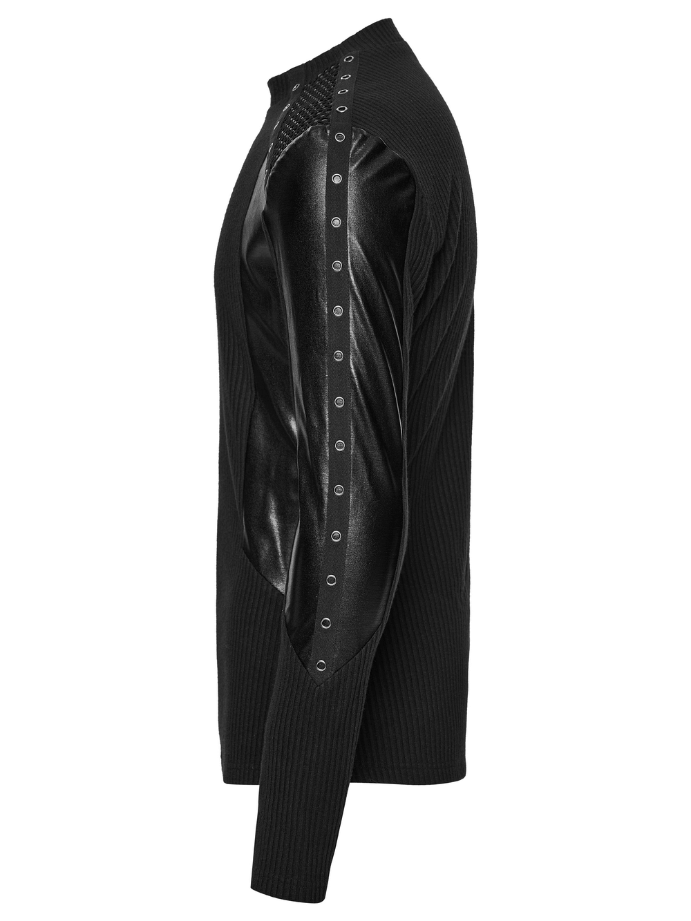 Cyberpunk Top with Metal Studs and Mesh Accents featuring ribbed fabric and leather look panels.