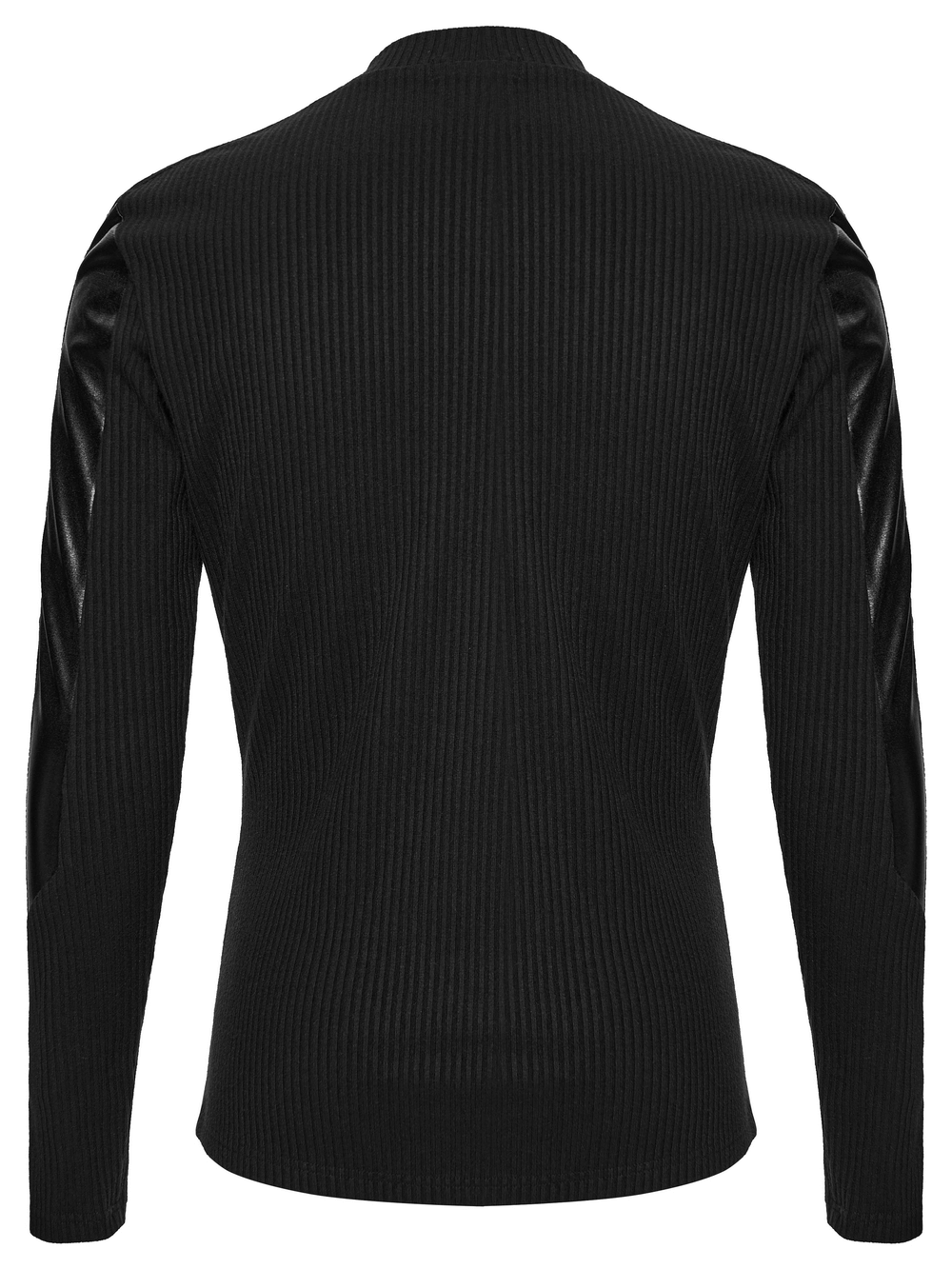 Back view of Cyberpunk Top with Metal Studs and Mesh Accents featuring ribbed fabric and leather look panels.