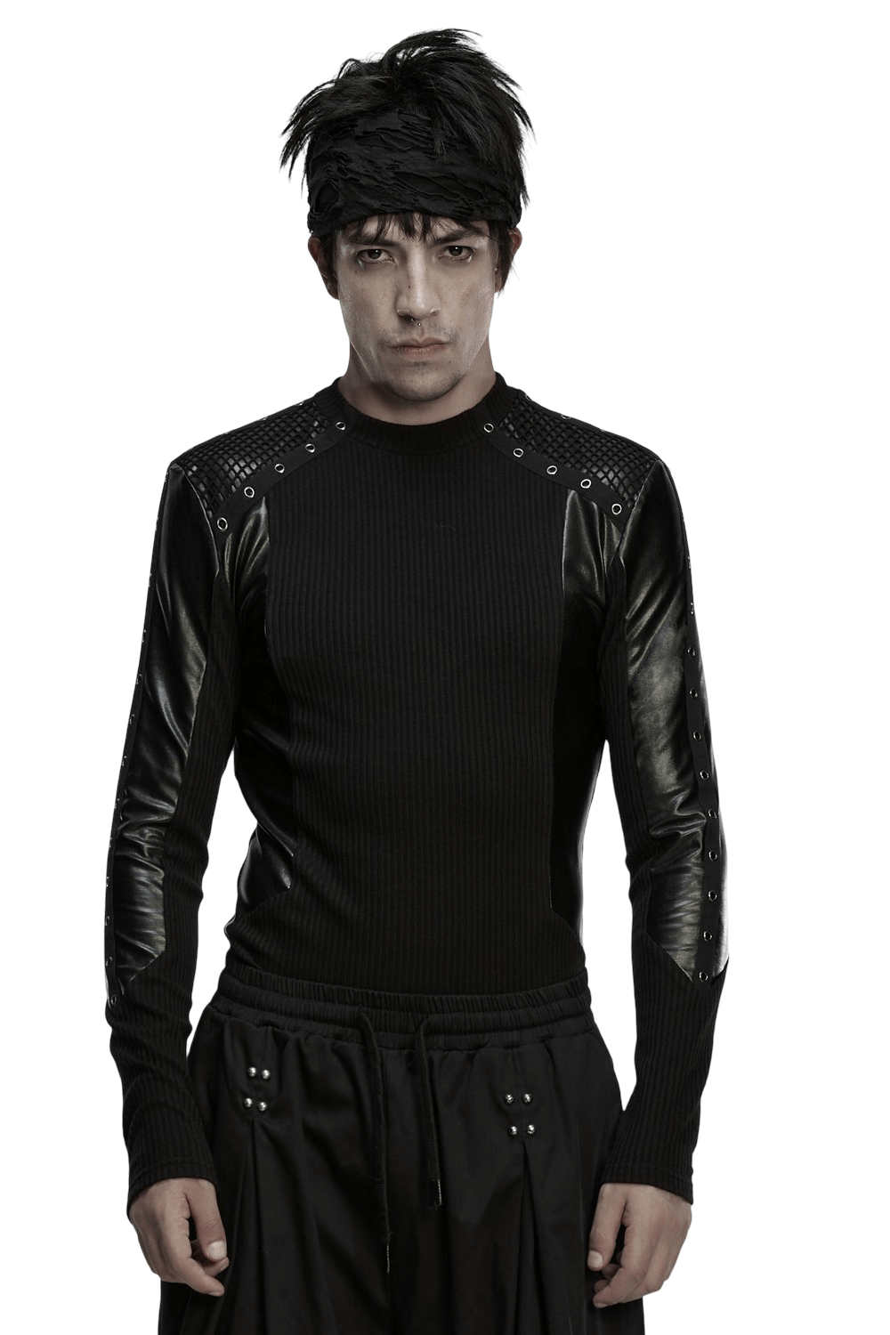 Cyberpunk Top with Metal Studs and Mesh Accents displayed on model, featuring ribbed fabric and leather-like panels.