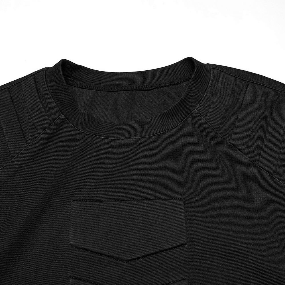 Close-up of Cyberpunk Top with Structured Panels and Shoulder Detail, showcasing sleek design and stitching.
