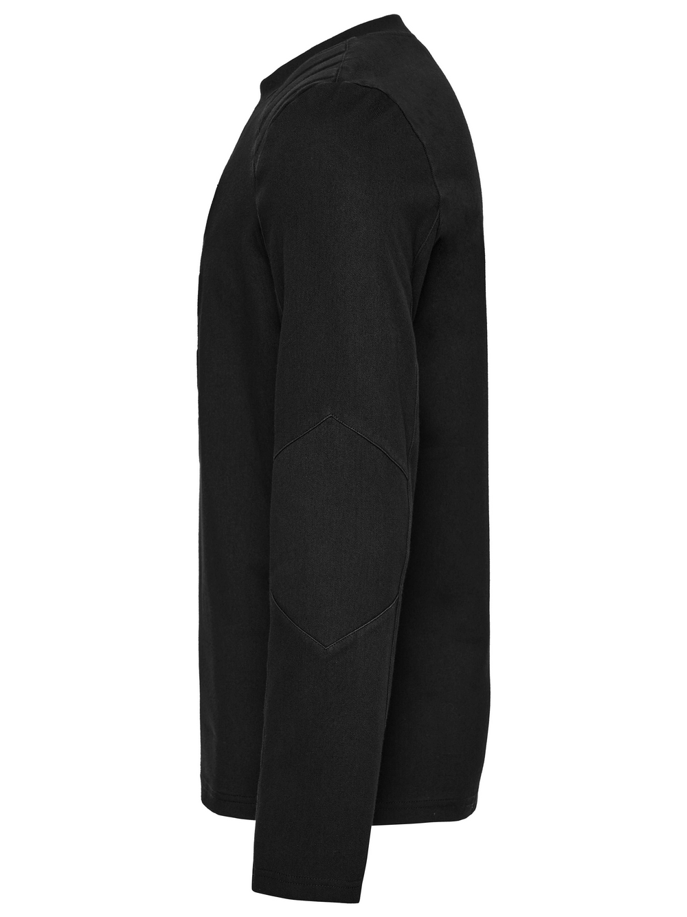 Cyberpunk Top with Structured Panels and Shoulder Detail side view showcasing the black tactical long sleeve design.