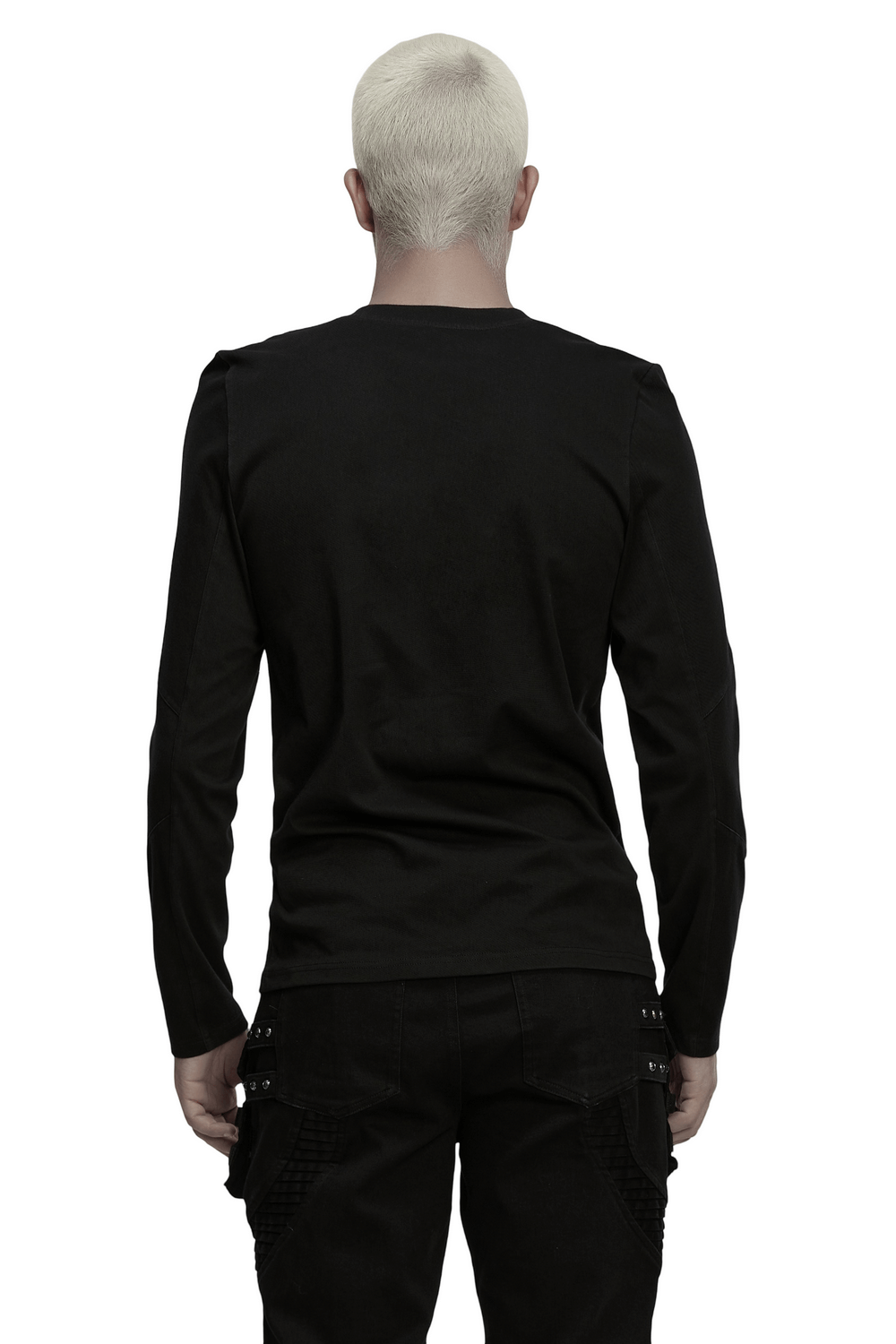 Back view of a model wearing a Cyberpunk Top with Structured Panels and Shoulder Detail in black.