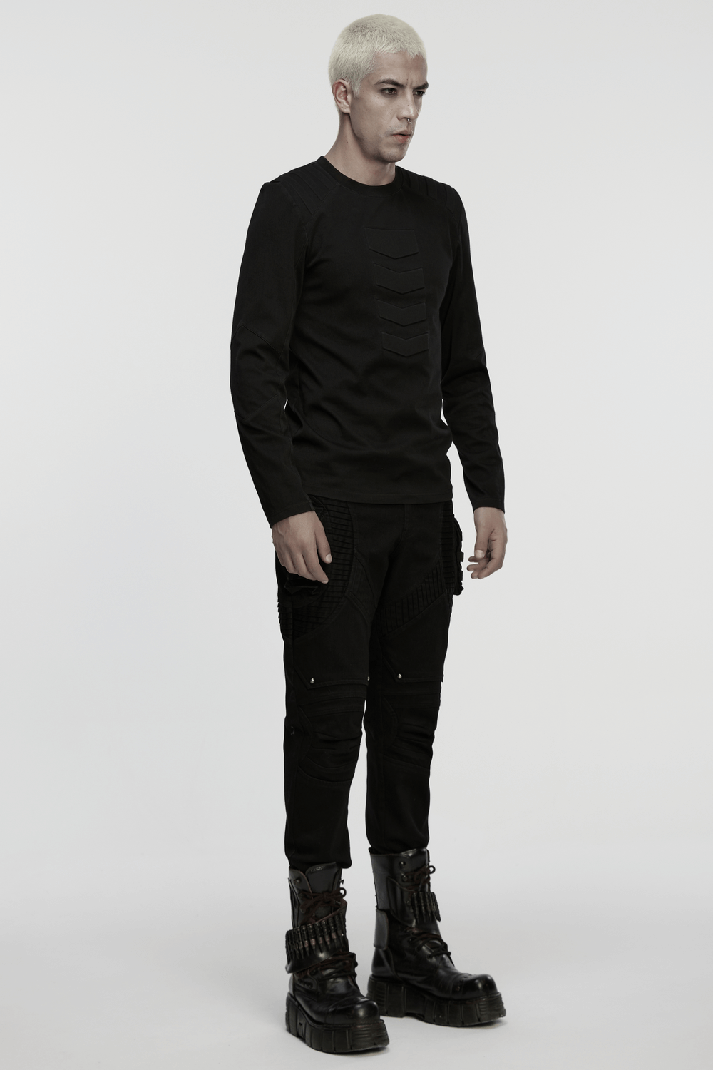 Cyberpunk Top with Structured Panels and Shoulder Detail worn by model in black tactical outfit.