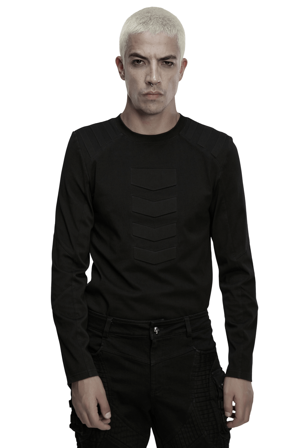 Black Tactical Long Sleeve Cyberpunk Top with Structured Panels and Shoulder Detail, featuring 3D panel design.