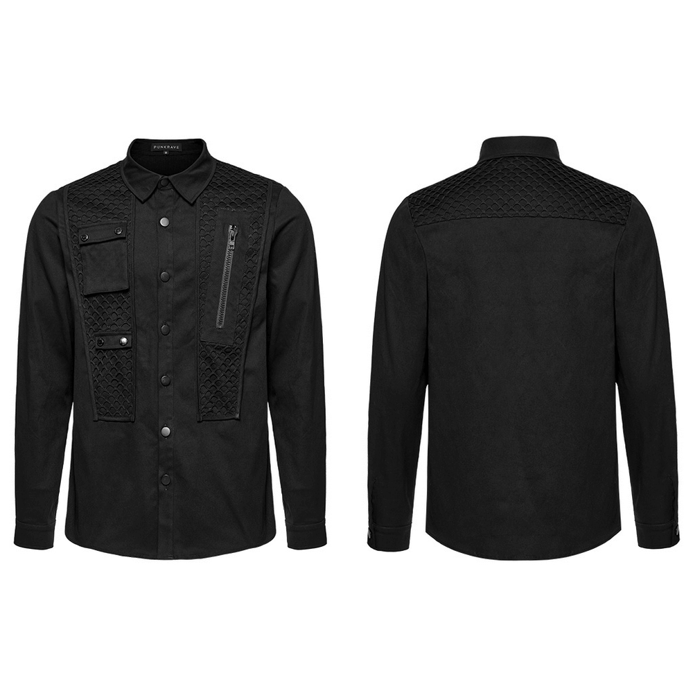 Cyberpunk twill shirt with mesh panels, zipper, and 3D pockets, showcasing a rugged yet stylish design.