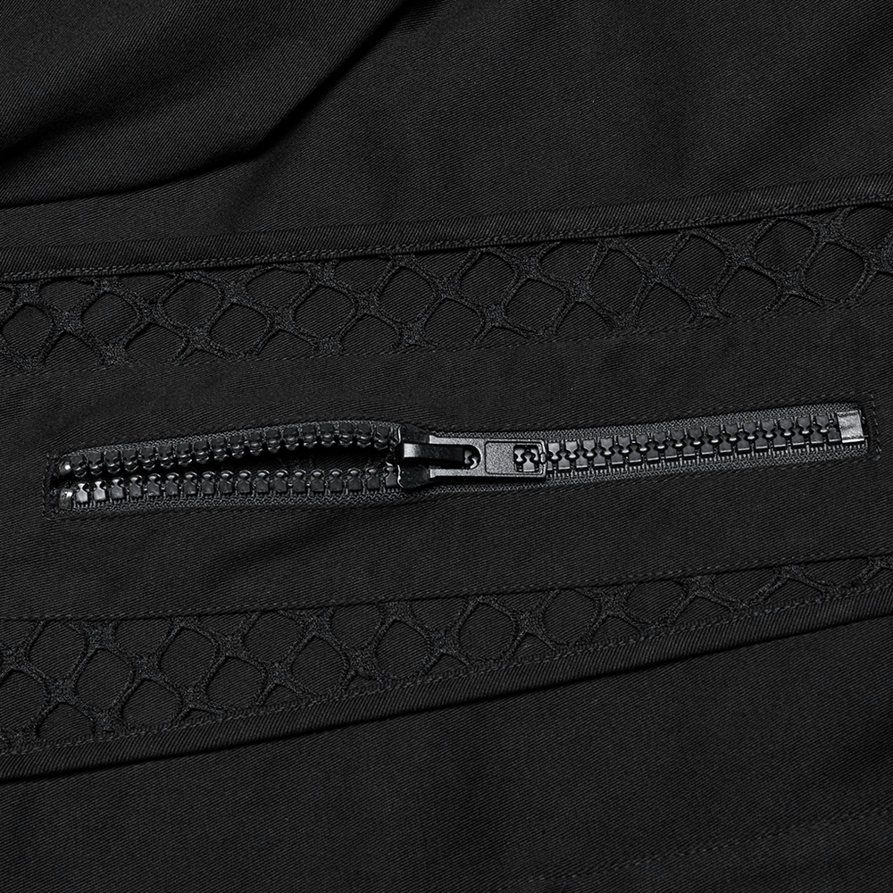 Close-up of black zipper detail with mesh panel on a Cyberpunk Twill Shirt, showcasing modern design and functionality.